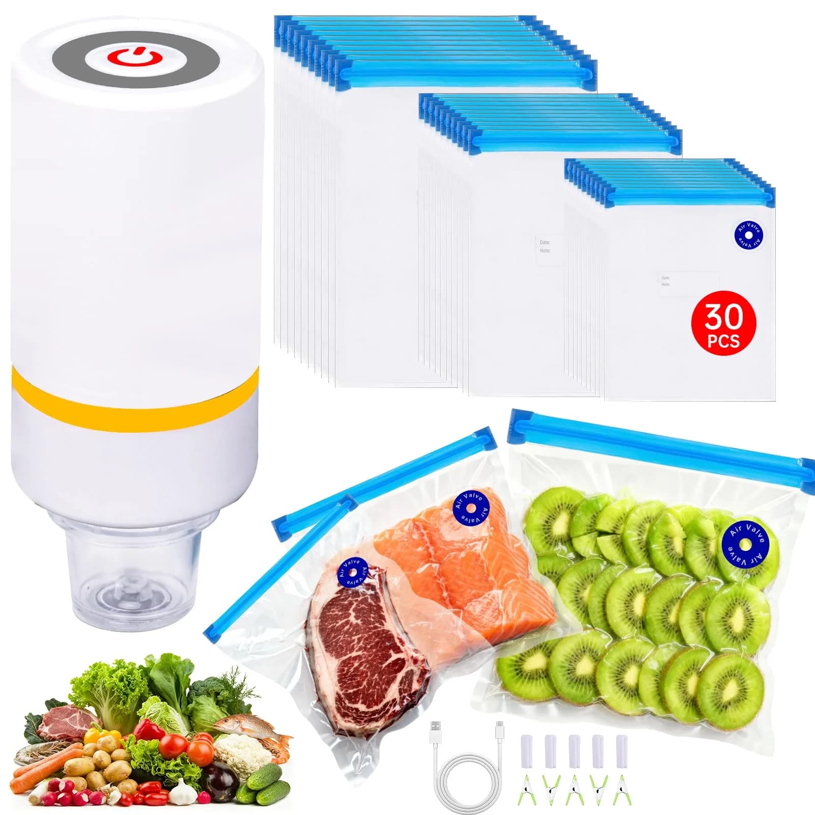 KOSBON 42 PCS Sous Vide Vacuum Sealer Set | 30 Reusable Bags, 5 Clips, Fast & Portable — White