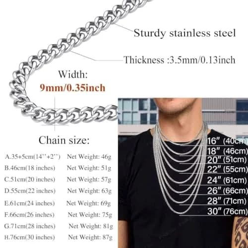 FindChic Men Curb Chain Necklace Stainless Steel 9MM Link 14''-30'' | Classic Durable Jewelry thumbnail 9