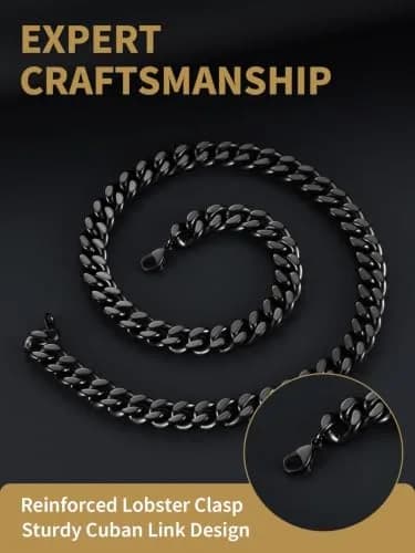 FindChic Mens Chain Necklace 12MM Black Cuban Link 18inch | Durable Stainless Steel, Classic Hip Hop Jewelry thumbnail 5