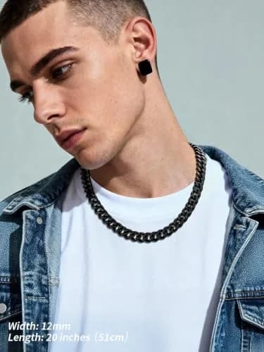 FindChic Mens Chain Necklace 12MM Black Cuban Link 18inch | Durable Stainless Steel, Classic Hip Hop Jewelry thumbnail 7