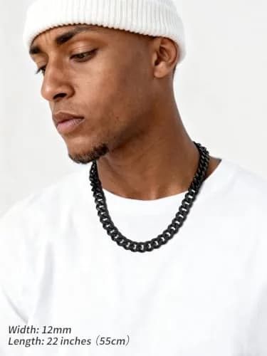 FindChic Mens Chain Necklace 12MM Black Cuban Link 18inch | Durable Stainless Steel, Classic Hip Hop Jewelry thumbnail 8