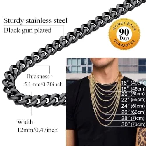 FindChic Mens Chain Necklace 12MM Black Cuban Link 18inch | Durable Stainless Steel, Classic Hip Hop Jewelry thumbnail 9