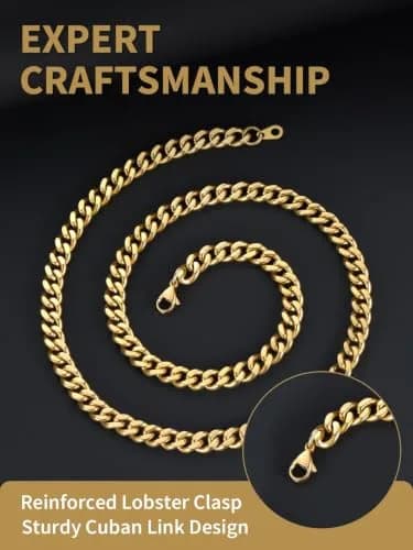 FindChic Men Curb Chain Necklace 18K Gold Plated 9MM Link 16'' | Durable, Stylish & Gold-Like (70-120 chars) thumbnail 5