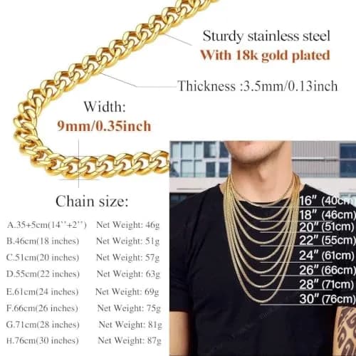 FindChic Men Curb Chain Necklace 18K Gold Plated 9MM Link 16'' | Durable, Stylish & Gold-Like (70-120 chars) thumbnail 9