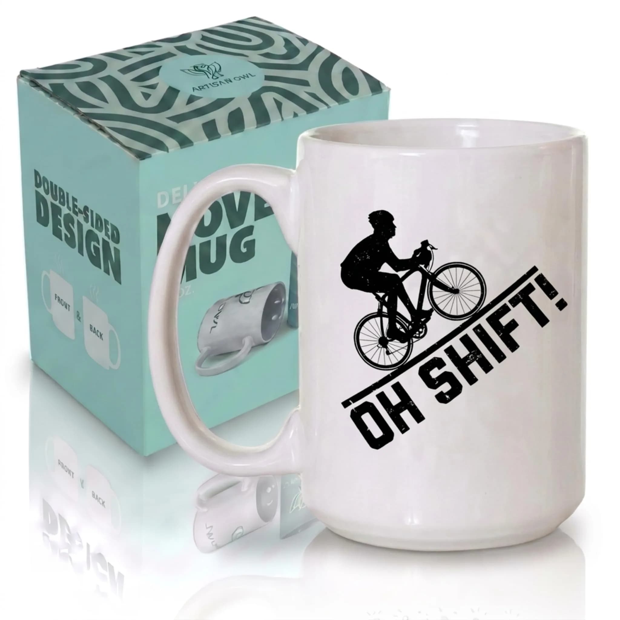 Artisan Owl "Oh Shift!" Cycling Mug 443ml (15 oz) | Funny Bicycle Gear Shift Coffee Cup for Bikers — White