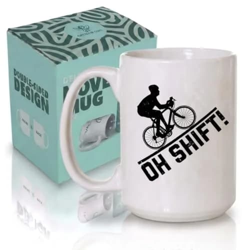 Artisan Owl "Oh Shift!" Cycling Mug 443ml (15 oz) | Funny Bicycle Gear Shift Coffee Cup for Bikers thumbnail 1