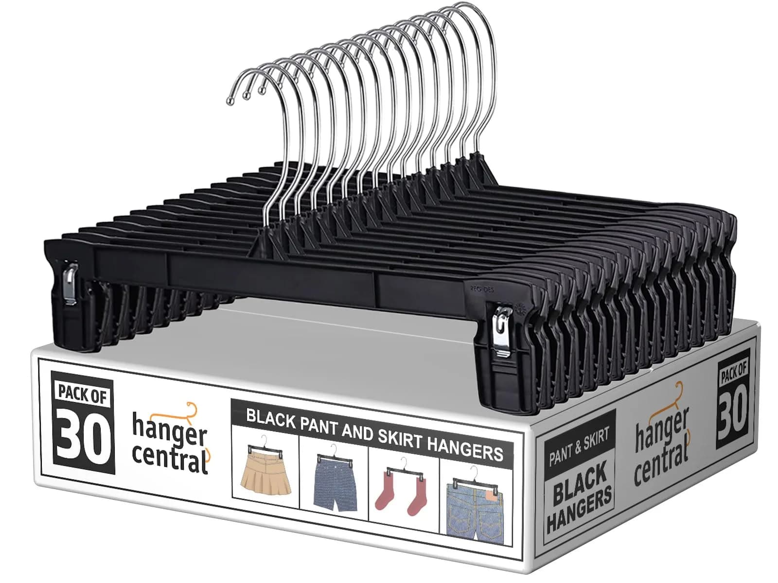 Hanger Central 12 inch 30 Pack Pants Hangers Slim Plastic Black | Space Saving & Heavy Duty