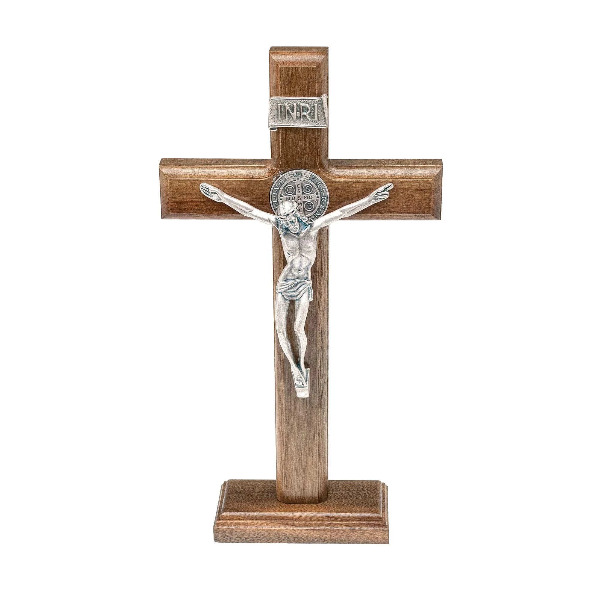 Intercession Antique Silver Wood Cross Crucifix 25cm (10 Inch) | St. Benedict Medal & Solid Brazilian Walnut