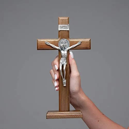 Intercession Antique Silver Wood Cross Crucifix 25cm (10 Inch) | St. Benedict Medal & Solid Brazilian Walnut thumbnail 5