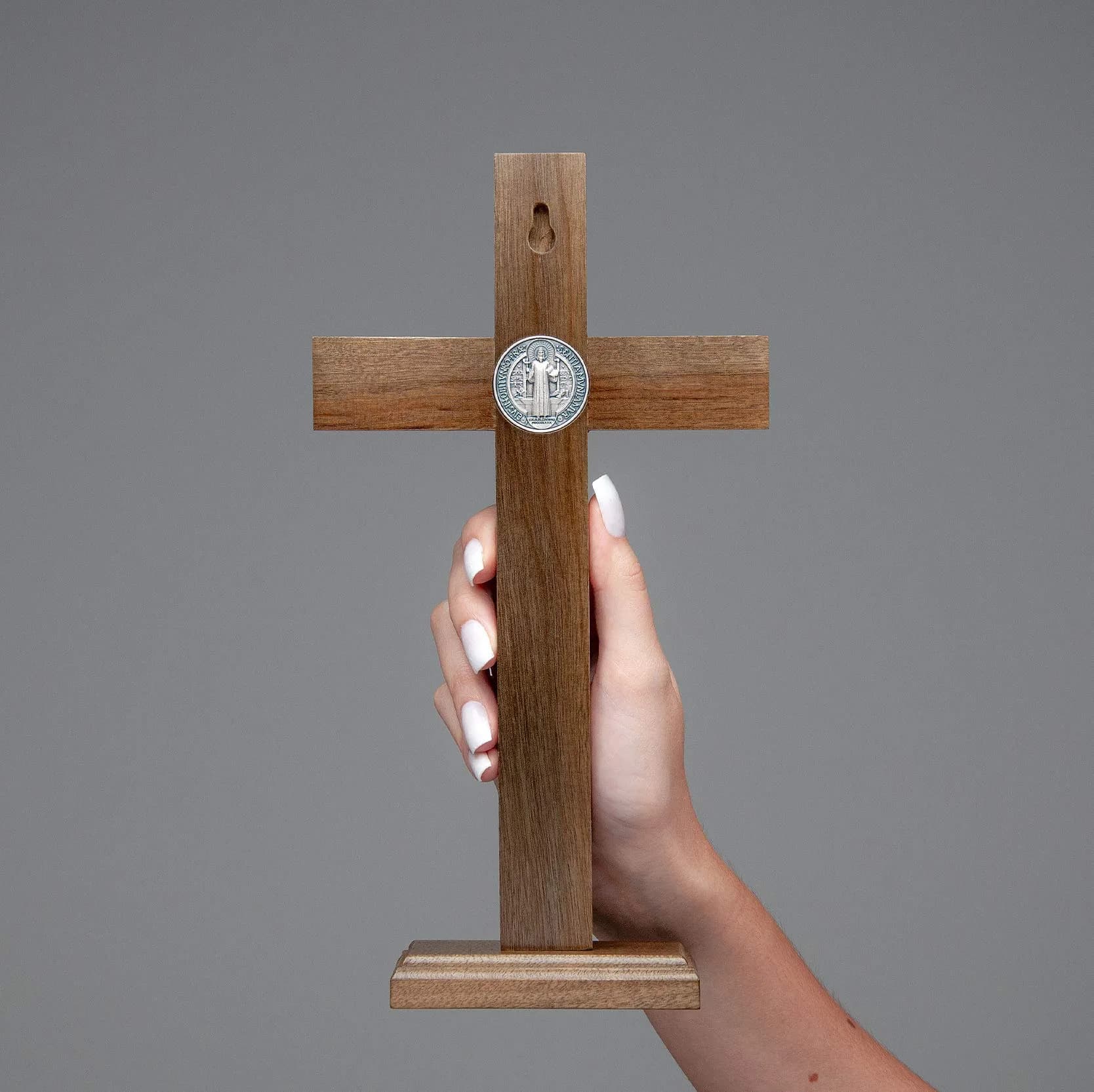 Intercession Antique Silver Wood Cross Crucifix 25cm (10 Inch) | St. Benedict Medal & Solid Brazilian Walnut - view 6