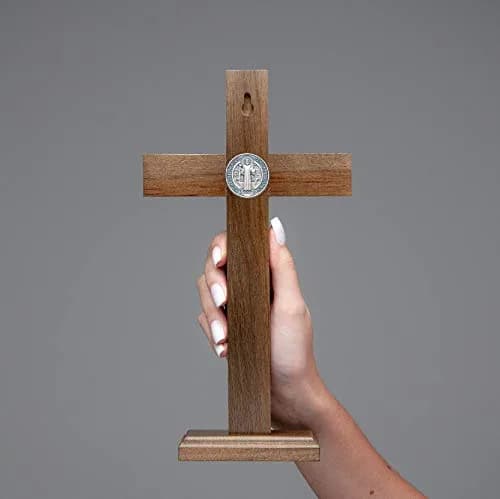 Intercession Antique Silver Wood Cross Crucifix 25cm (10 Inch) | St. Benedict Medal & Solid Brazilian Walnut thumbnail 6