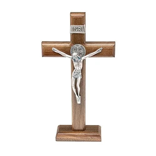 Intercession Antique Silver Wood Cross Crucifix 25cm (10 Inch) | St. Benedict Medal & Solid Brazilian Walnut thumbnail 1