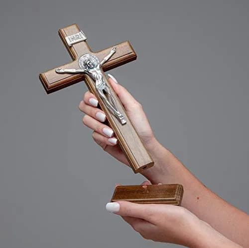 Intercession Antique Silver Wood Cross Crucifix 25cm (10 Inch) | St. Benedict Medal & Solid Brazilian Walnut thumbnail 7