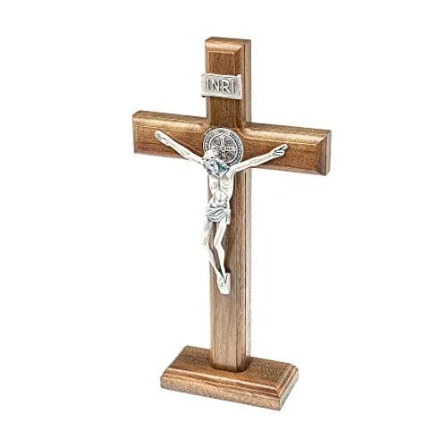 Intercession Antique Silver Wood Cross Crucifix 25cm (10 Inch) | St. Benedict Medal & Solid Brazilian Walnut thumbnail 2