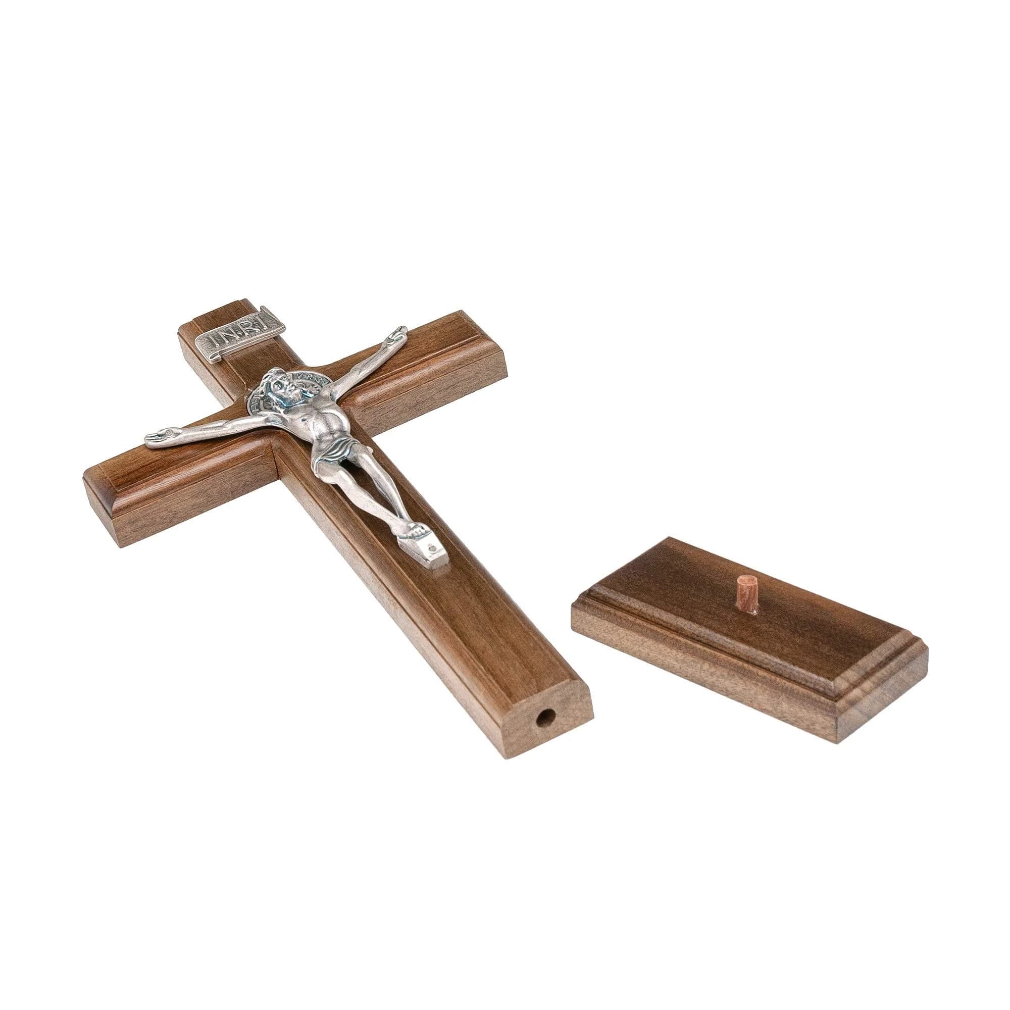 Intercession Antique Silver Wood Cross Crucifix 25cm (10 Inch) | St. Benedict Medal & Solid Brazilian Walnut - view 4