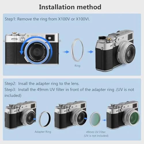 Haoge Silver Camera Lens Filter Adapter Ring for Fujifilm X100V X100VI 49mm | Attaches 49mm Filters & Original Lens Cap thumbnail 8