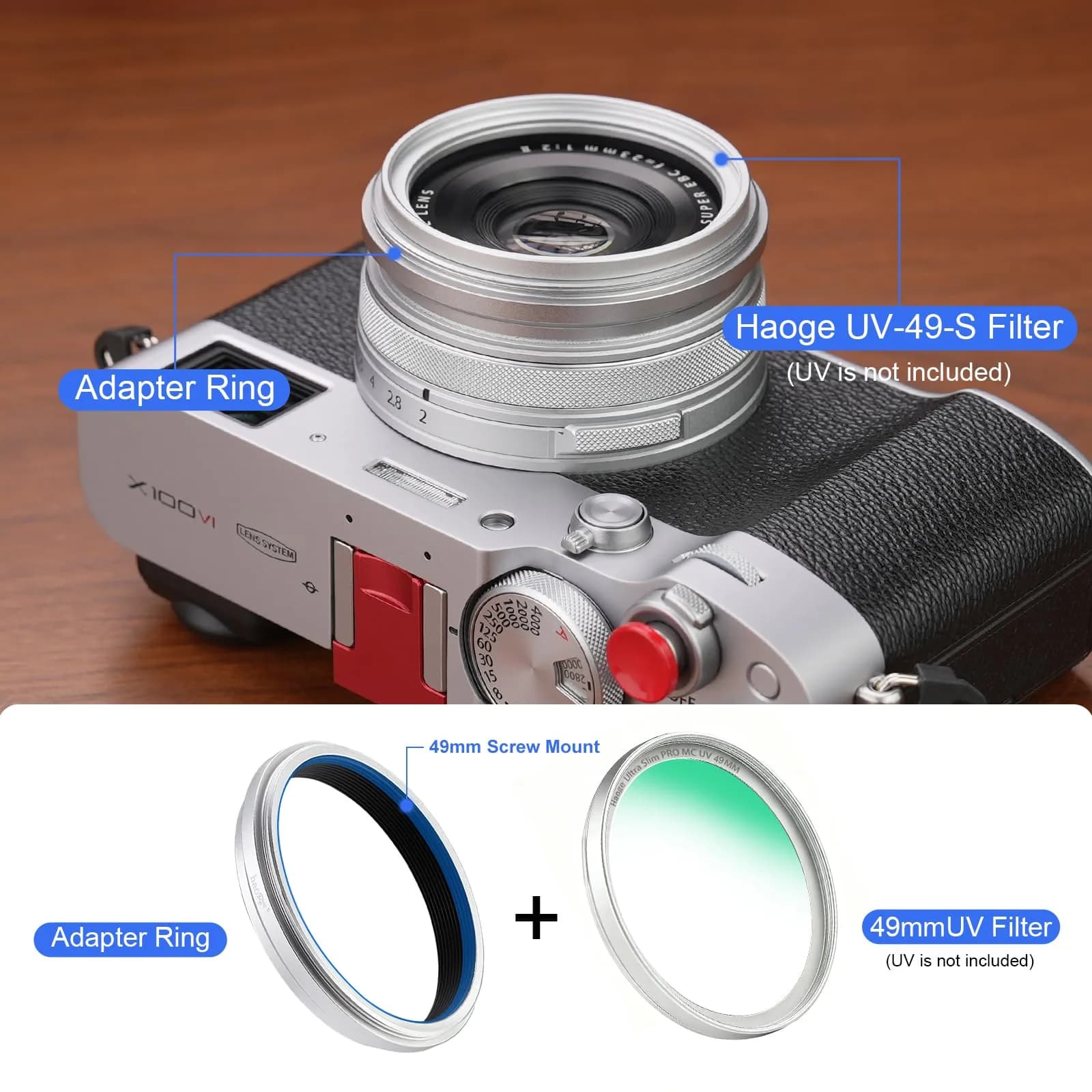 Haoge 49mm Filter Mount Adapter Ring for Fujifilm X100VI X100V Camera - Silver - view 3