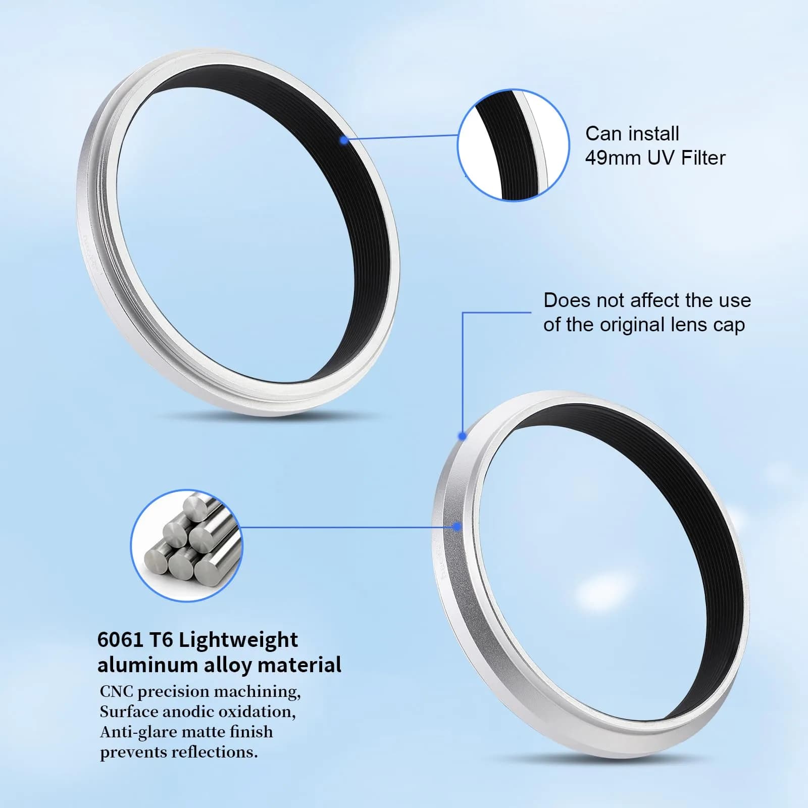 Haoge 49mm Filter Mount Adapter Ring for Fujifilm X100VI X100V Camera - Silver - view 4