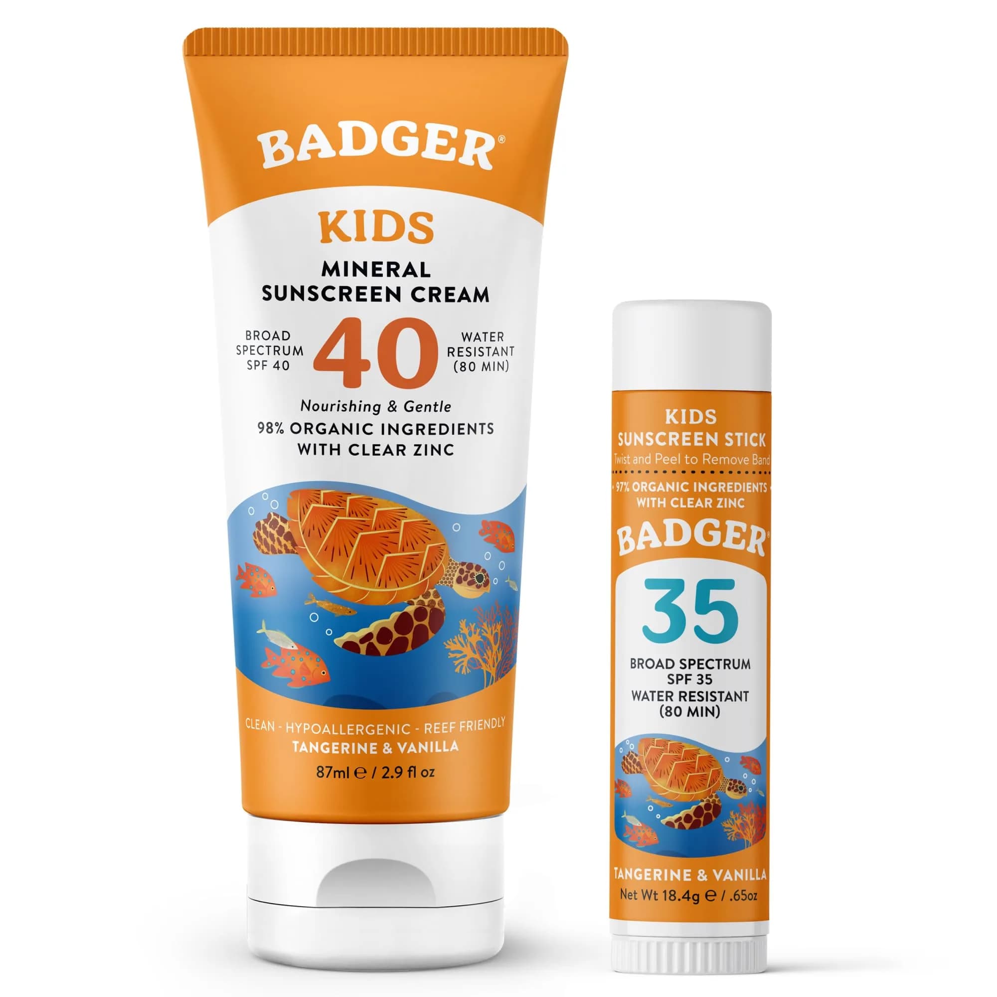 Badger Kids Mineral Sunscreen Combo SPF 40 Cream + SPF 35 Face Stick | 98% Organic Ingredients, Water Resistant, Reef Safe - main product image