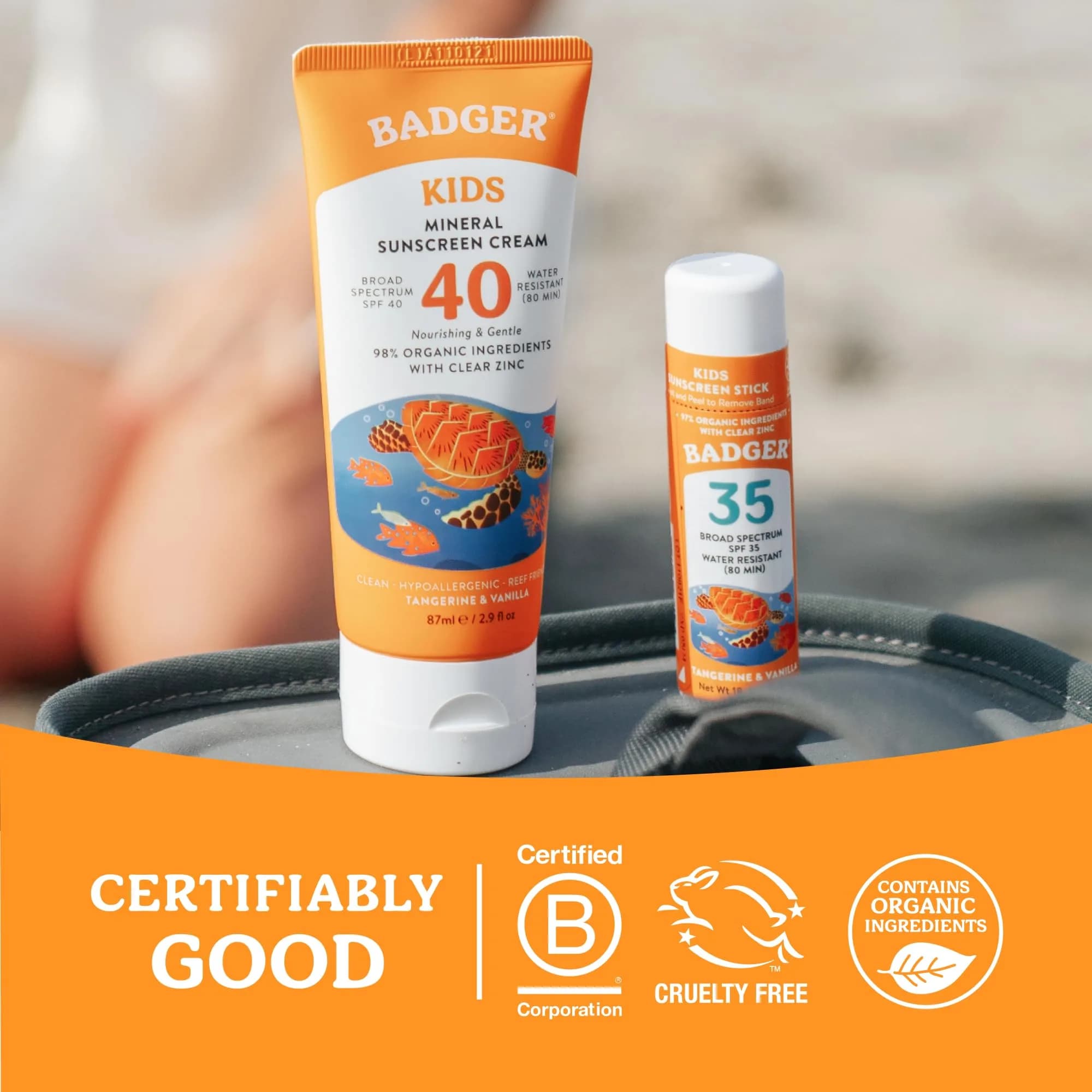 Badger Kids Mineral Sunscreen Combo SPF 40 Cream + SPF 35 Face Stick | 98% Organic Ingredients, Water Resistant, Reef Safe - view 9