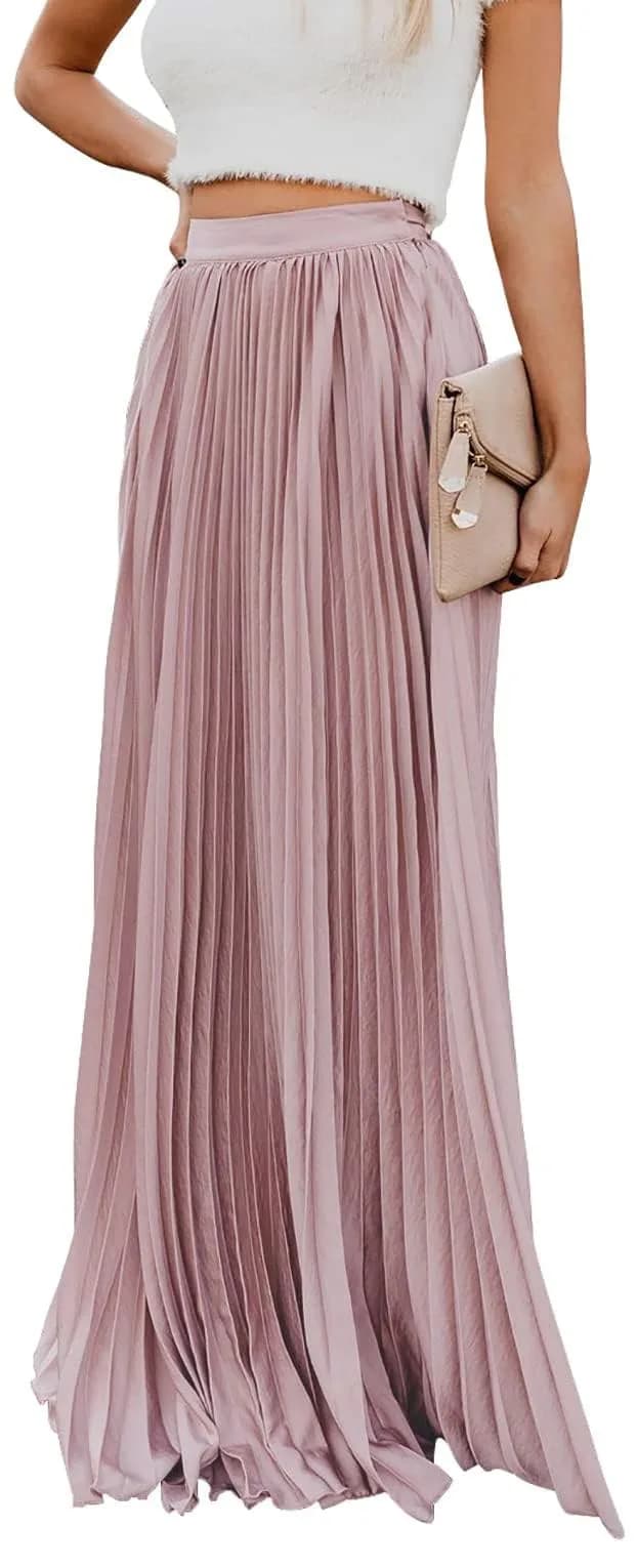 ebossy Women's High Waist Flowy Pleated Chiffon Maxi Skirt (X-Large, Pink) | Elegant Solid Colors for All Seasons — Pink