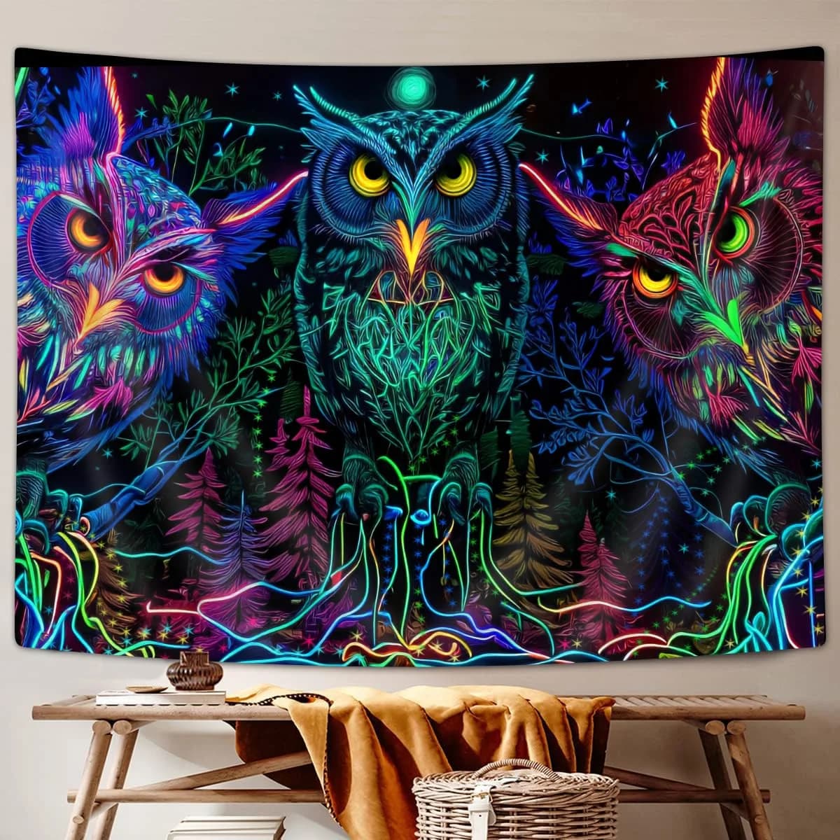 JAWO Psychedelic Owl Tapestry 80x60 Inch | Trippy Forest Line Art Wall Hanging for Bedroom thumbnail 2