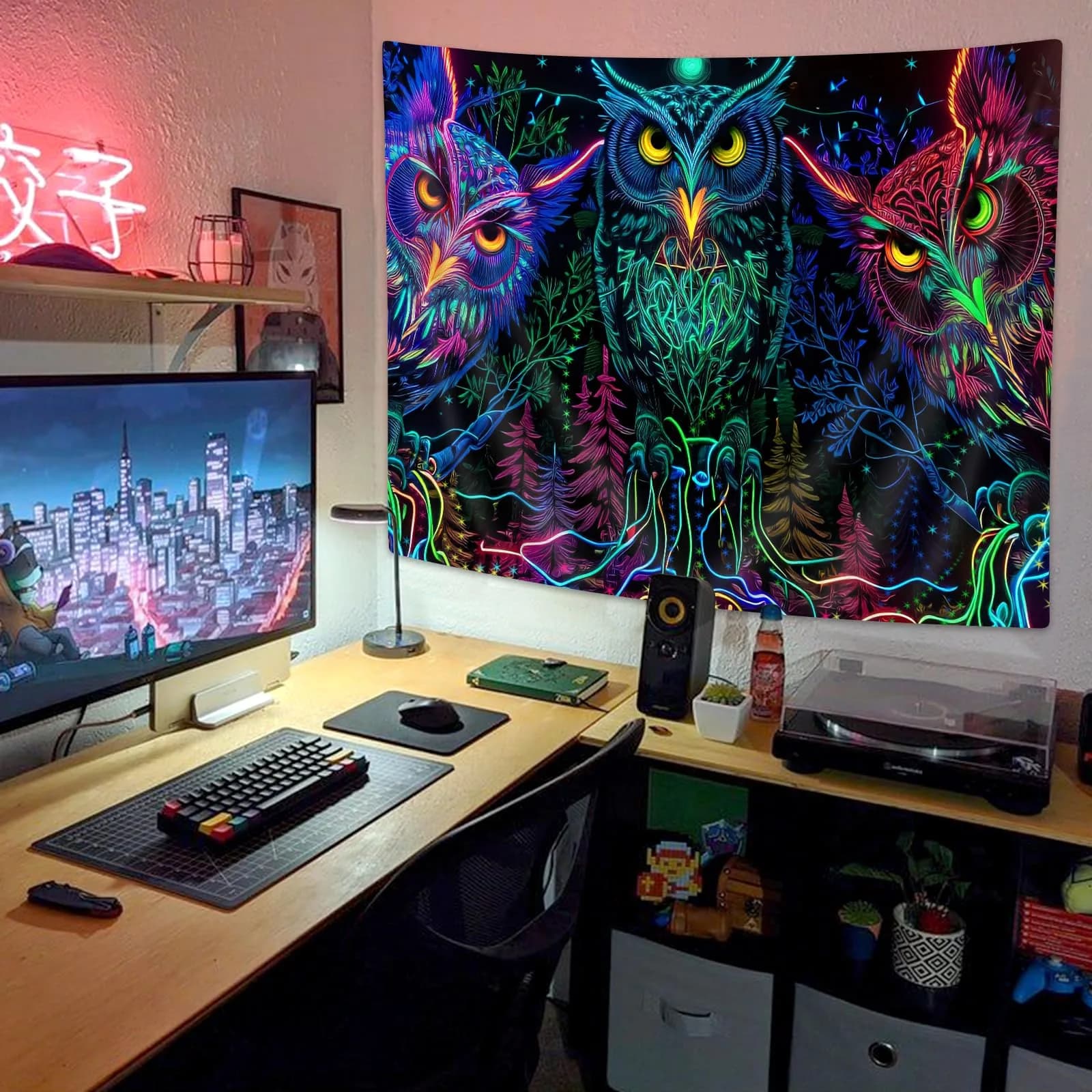 JAWO Psychedelic Owl Tapestry 80x60 Inch | Trippy Forest Line Art Wall Hanging for Bedroom thumbnail 4