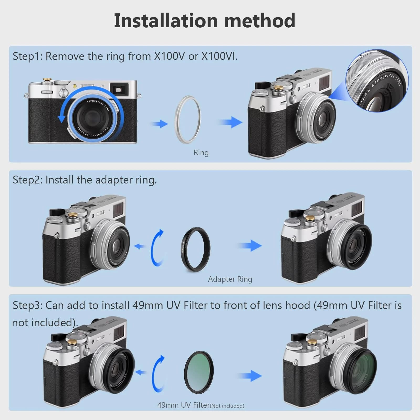 Haoge Black Camera Lens Filter Adapter Ring for Fujifilm X100V X100VI with 49mm Filter Mount - view 8