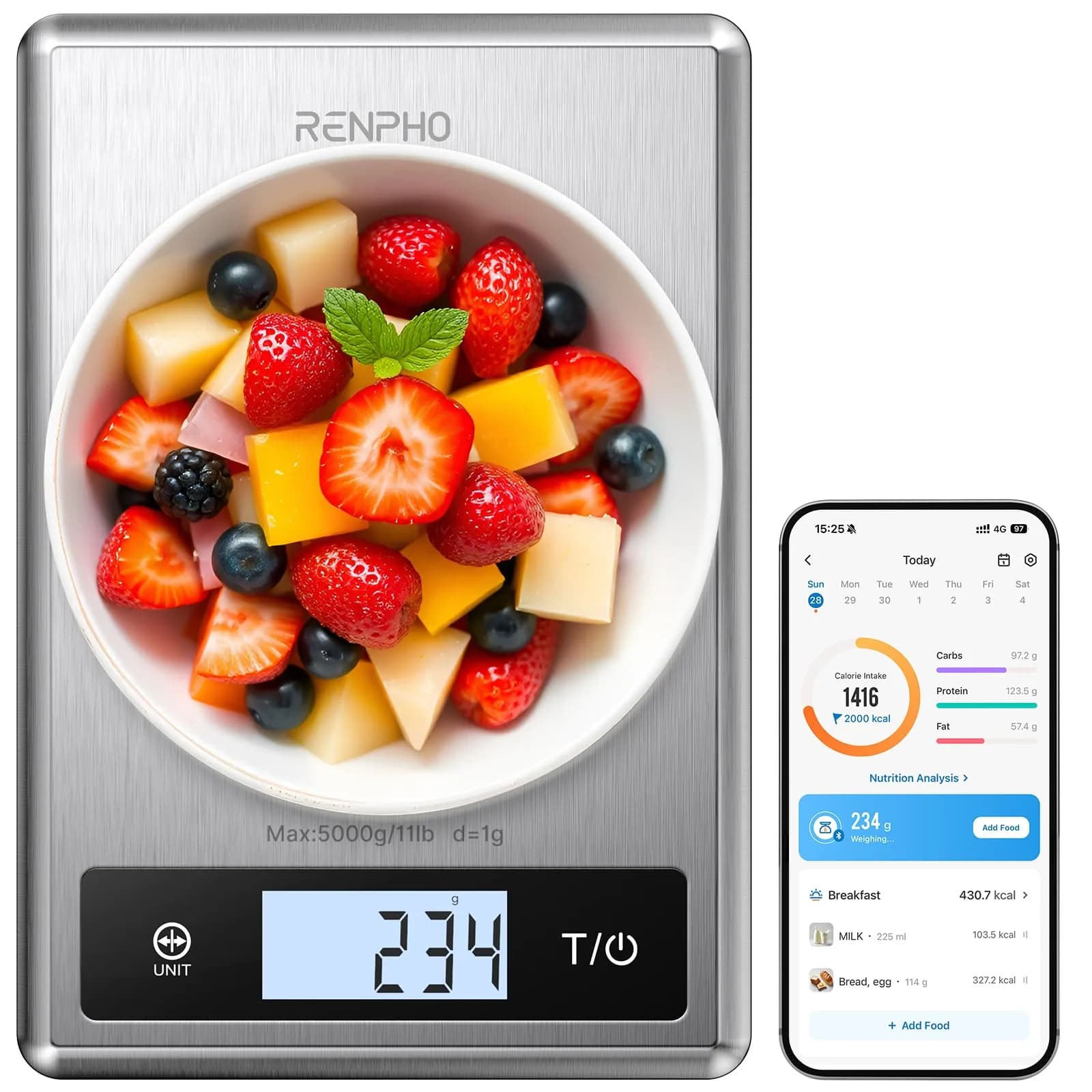 RENPHO Smart Food Scale with App & Nutritional Calculator, 5kg (11lb) Capacity | Accurate Grams, Ounces, Millilitres - main product image