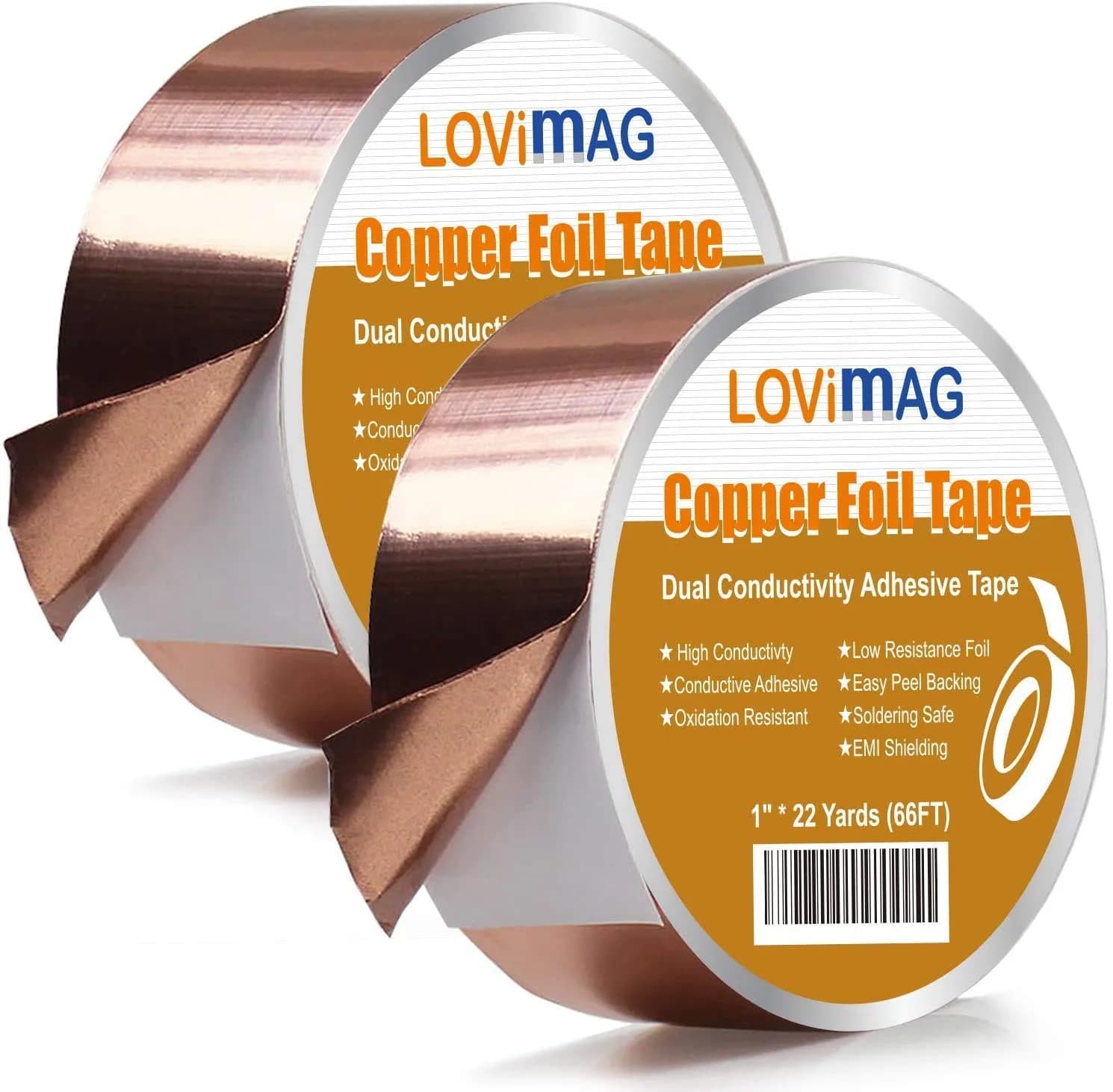 LOVIMAG Copper Foil Tape 1 Inch x 66 Feet Roll, 2 Pack - High Conductivity Industrial Adhesive - main product image
