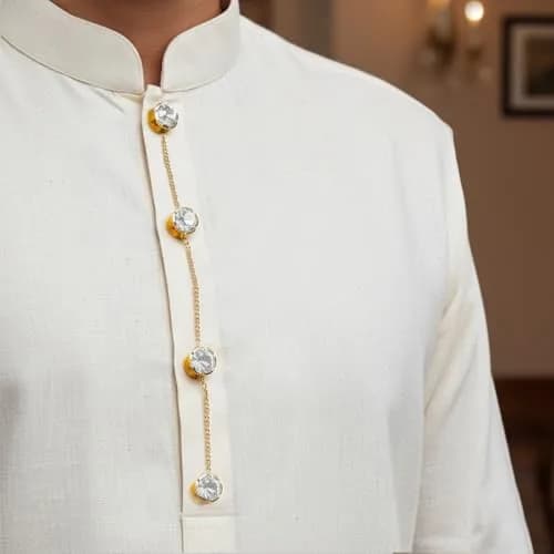 VAMA Brass White Designer Kurta Buttons with Chain for Men and Women | Festive Pearl Embellished thumbnail 2