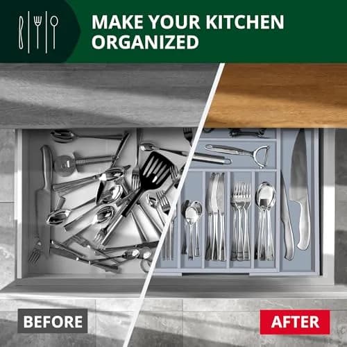 ROYAL CRAFT WOOD Luxury Bamboo Kitchen Drawer Organizer - Gray | Expandable Cutlery Tray with Grooved Dividers thumbnail 7