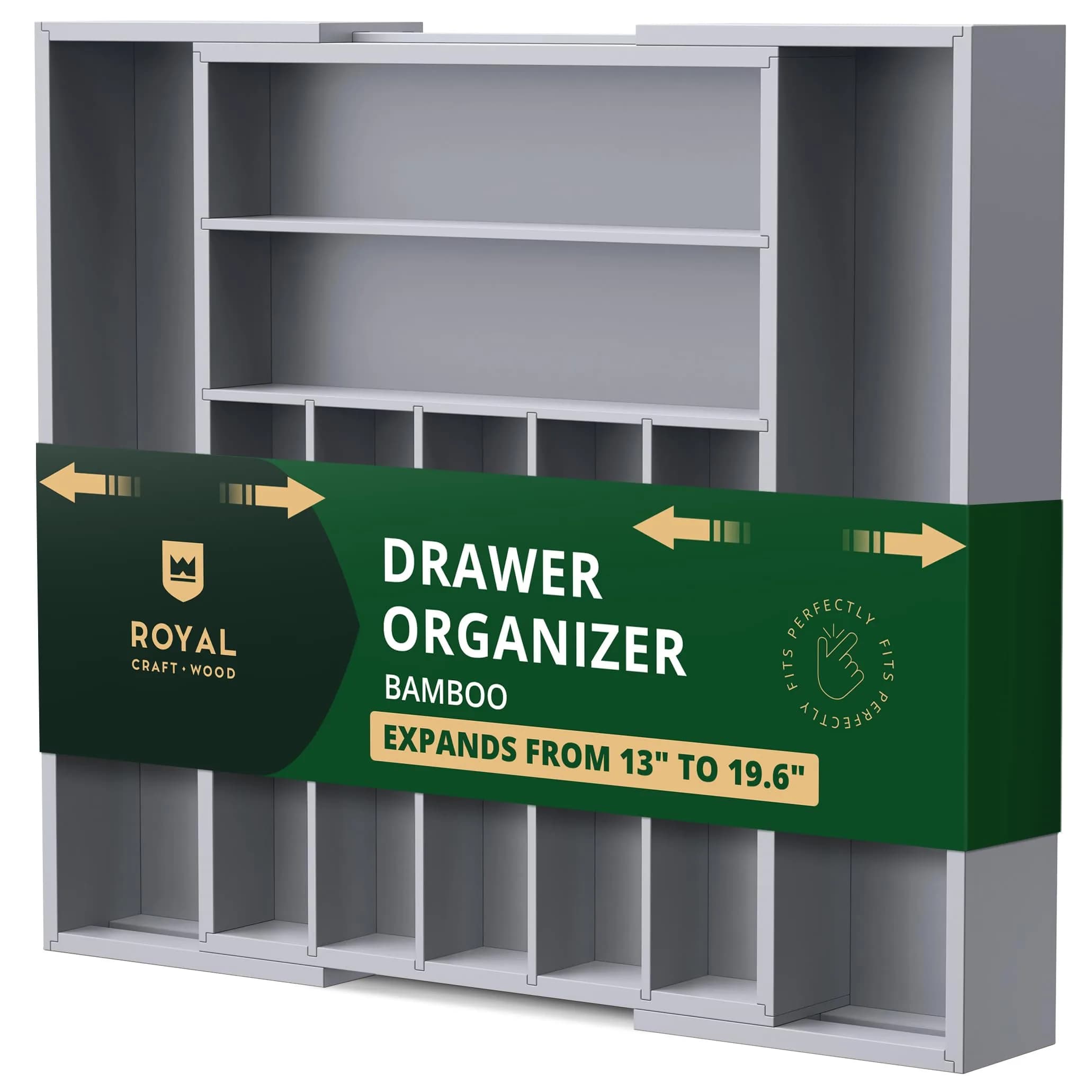 ROYAL CRAFT WOOD Luxury Bamboo Kitchen Drawer Organizer - Gray | Expandable Cutlery Tray with Grooved Dividers