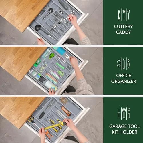 ROYAL CRAFT WOOD Luxury Bamboo Kitchen Drawer Organizer - Gray | Expandable Cutlery Tray with Grooved Dividers thumbnail 8