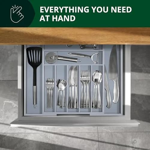 ROYAL CRAFT WOOD Luxury Bamboo Kitchen Drawer Organizer - Gray | Expandable Cutlery Tray with Grooved Dividers thumbnail 3