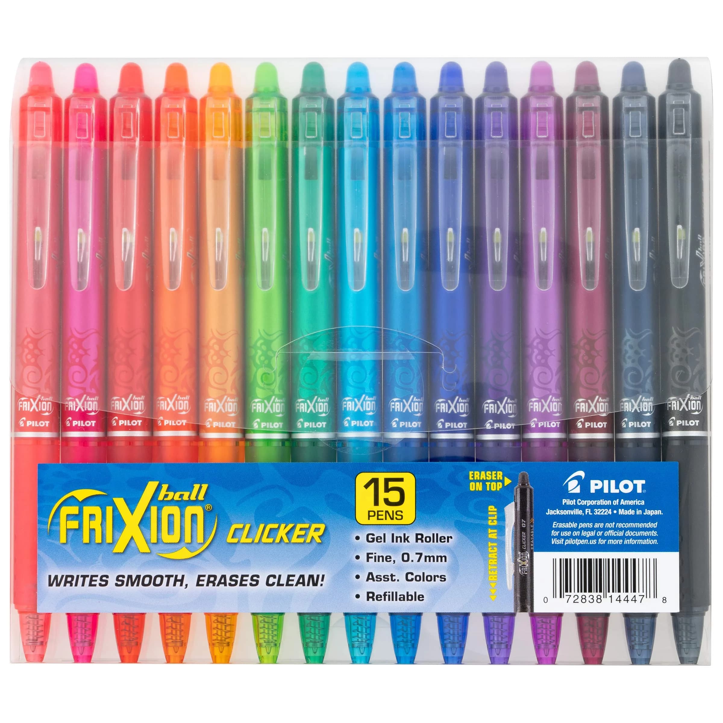 Pilot FriXion Clicker Erasable Pens Fine Point 0.7mm, Assorted Colors, 15-Pack | Smooth Ink Flow Writing Instrument - main product image