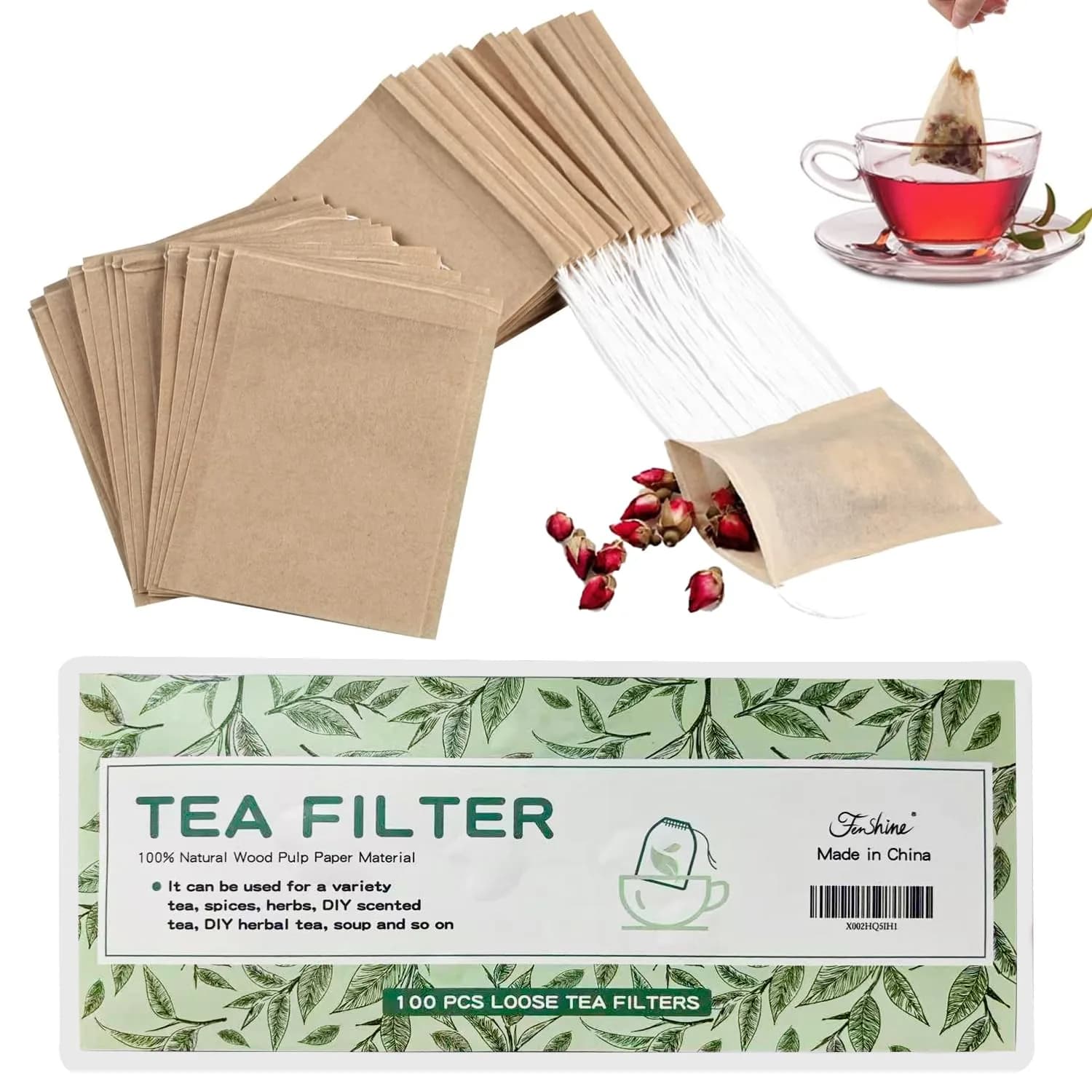 fenshine 100pcs Disposable Tea Bags for Loose Leaf Tea | Natural Wood Pulp, Unbleached, Drawstring (3.54" x 2.75")
