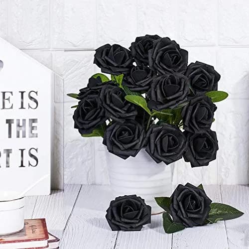 Higfra Black 25pcs Artificial Foam Roses with Stems | Realistic Look for DIY Bouquets & Decor thumbnail 4