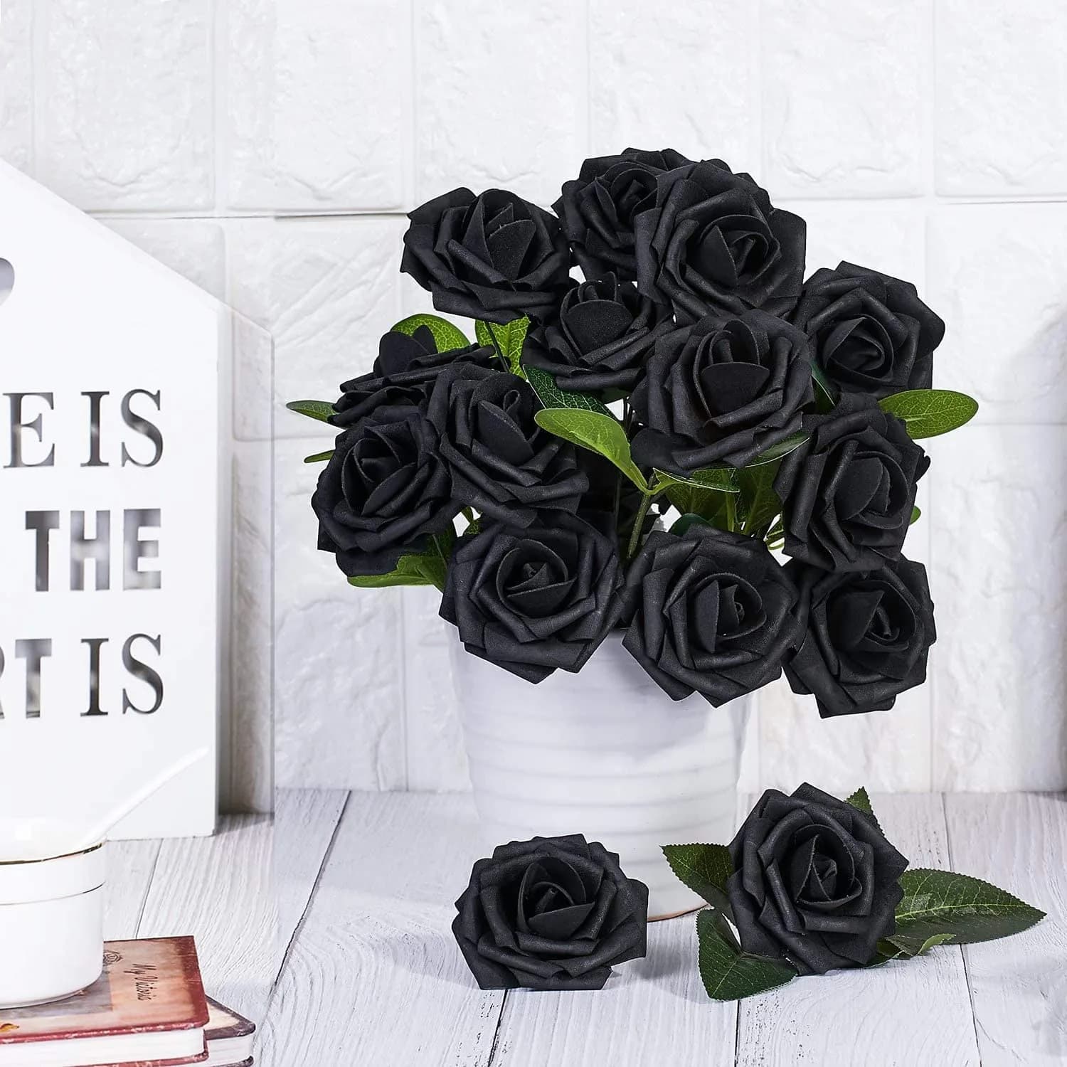 Higfra Black 25pcs Artificial Foam Roses with Stems | Realistic Look for DIY Bouquets & Decor - view 2