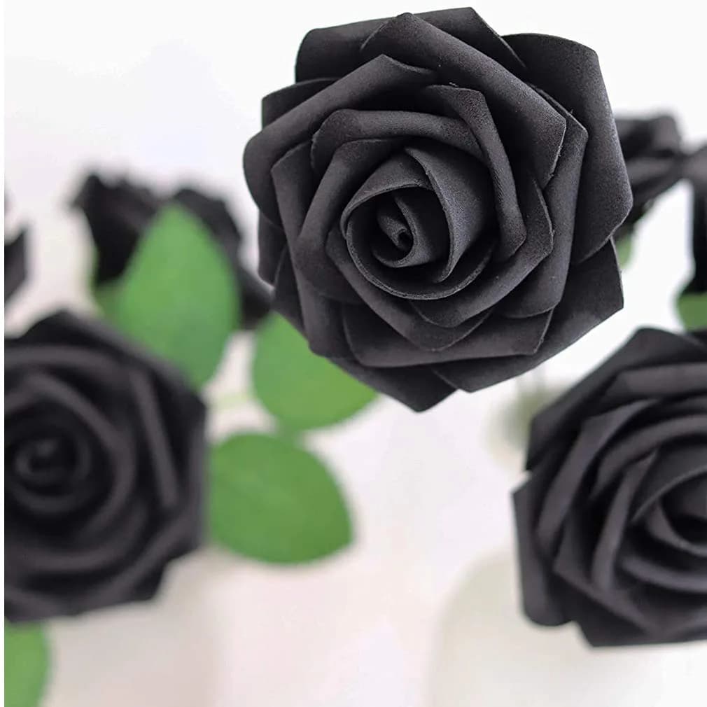 Higfra Black 25pcs Artificial Foam Roses with Stems | Realistic Look for DIY Bouquets & Decor - view 3