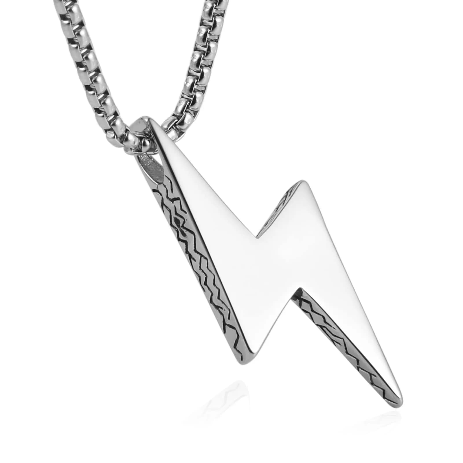 AsAlways Lightning Bolt Necklace for Men, with 22"+2" Rolo Chain | Strength & Power Accessory — Silver