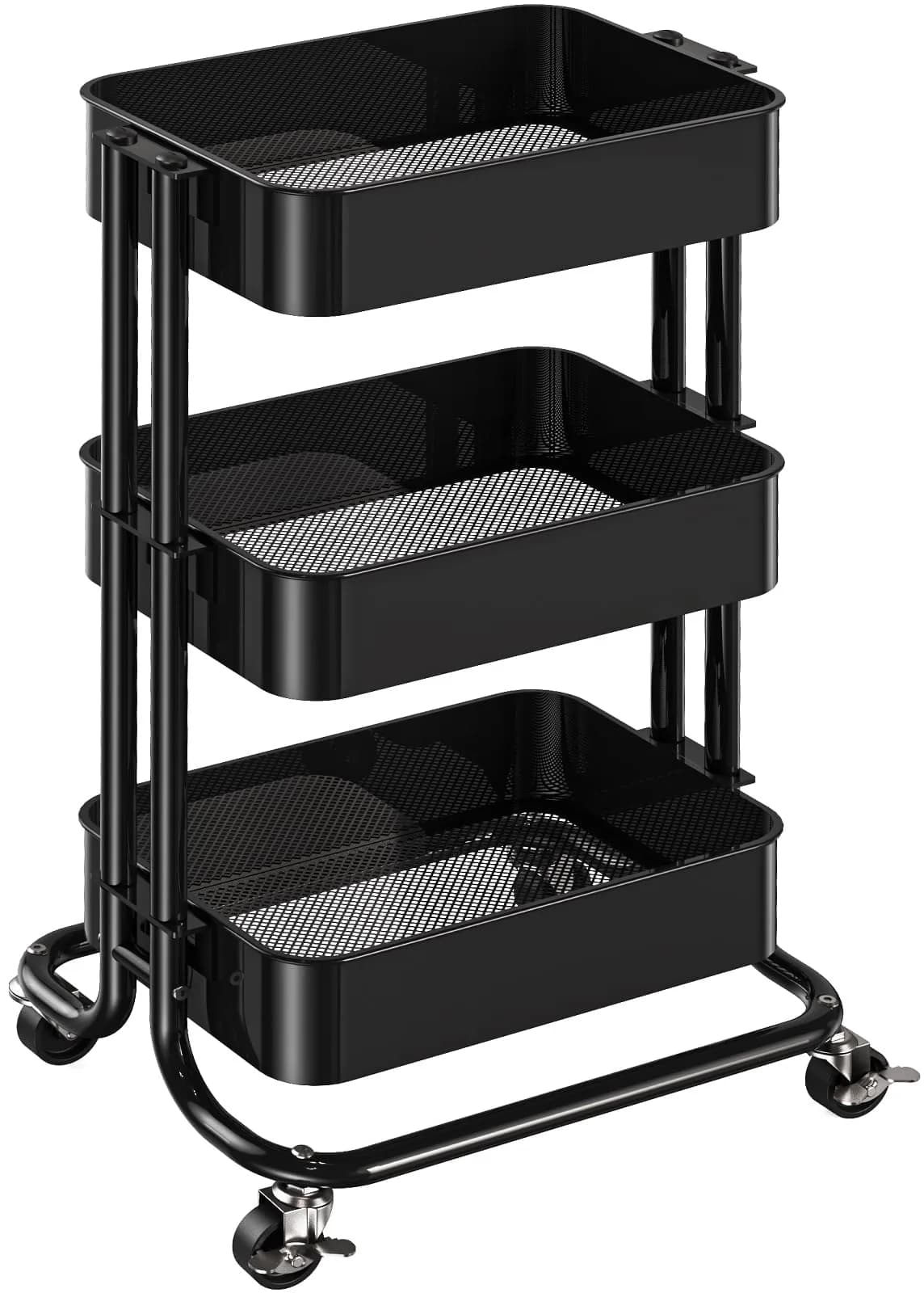 Pipishell 3 Tier Metal Rolling Utility Cart with 2 Lockable Wheels, Black | Extra Storage & Mobility — Black