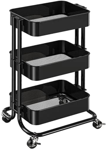Pipishell 3 Tier Metal Rolling Utility Cart with 2 Lockable Wheels, Black | Extra Storage & Mobility thumbnail 1