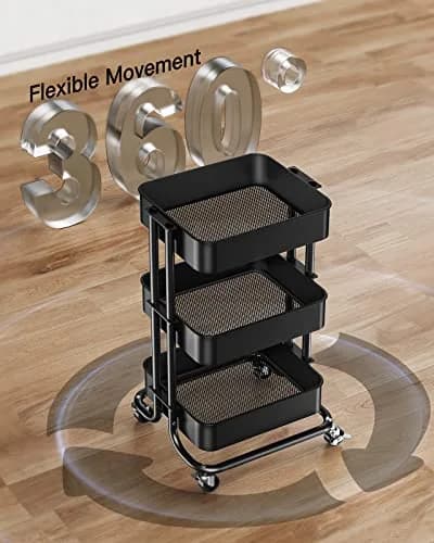 Pipishell 3 Tier Metal Rolling Utility Cart with 2 Lockable Wheels, Black | Extra Storage & Mobility thumbnail 7