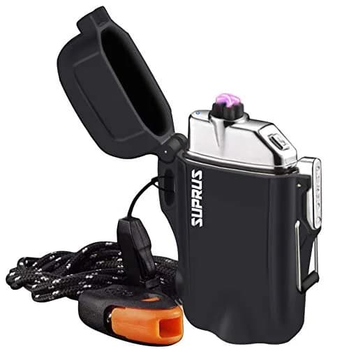 SUPRUS Waterproof Dual Arc Electric Lighter with Flashlight & Whistle Lanyard | Windproof Rechargeable Plasma Lighter — Black