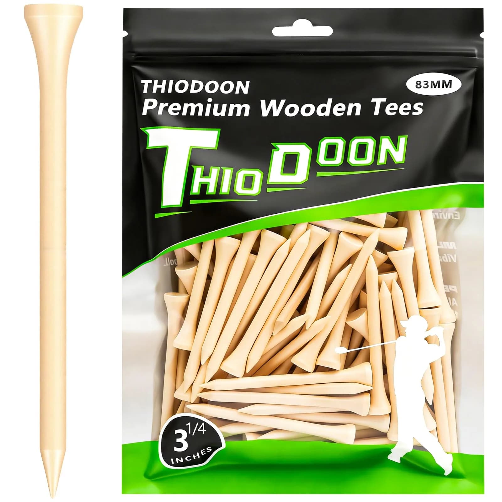 THIODOON Golf Tees 3 1/4 inch | Natural Hardwood, Less Friction, Bulk 100 Count