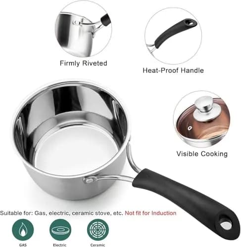 TeamFar 2 Quart Stainless Steel Saucepan with Lid | 1.89 L (2 qt) Milk Pot for Small Batches thumbnail 2