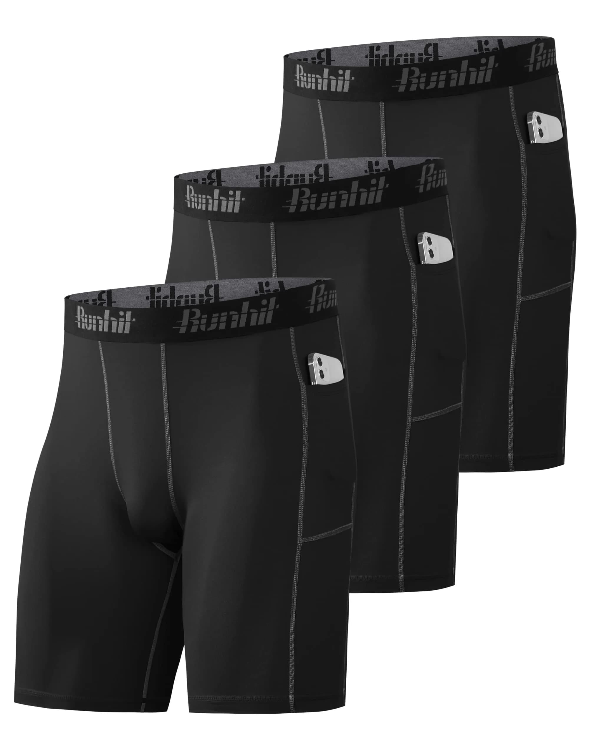 Runhit Men's Compression Shorts with Pockets 3 Pack | Moisture-Wicking, Flatlock Stitching, Elastic Waistband (X-Large)