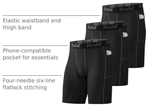 Runhit Men's Compression Shorts with Pockets 3 Pack | Moisture-Wicking, Flatlock Stitching, Elastic Waistband (X-Large) thumbnail 3