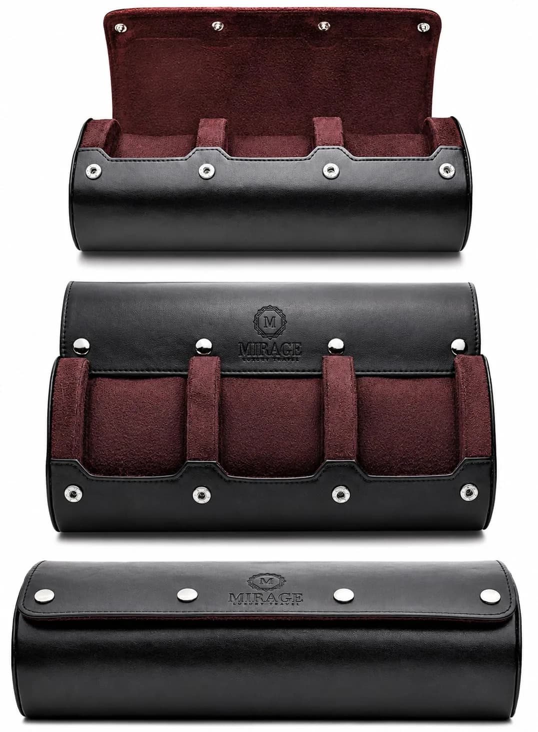M Mirage Luxury Travel 3-Slot Watch Roll Case for Travel & Display | Espresso Brown Vegan Leather — Black